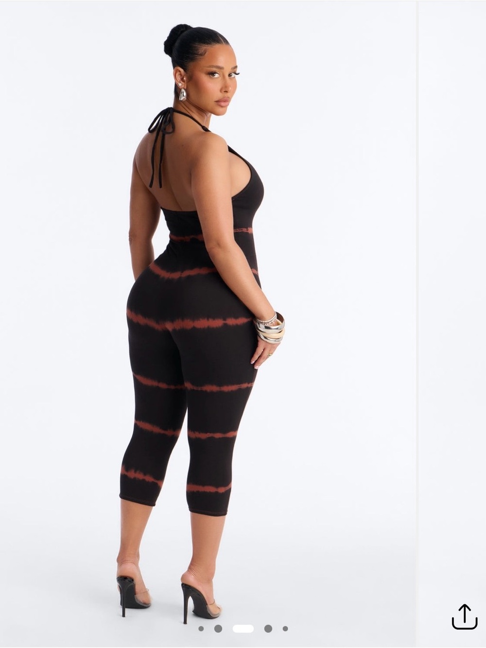 Fashion Nova Black Halter Tie-Dye Capri Jumpsuit with Rust Stripes